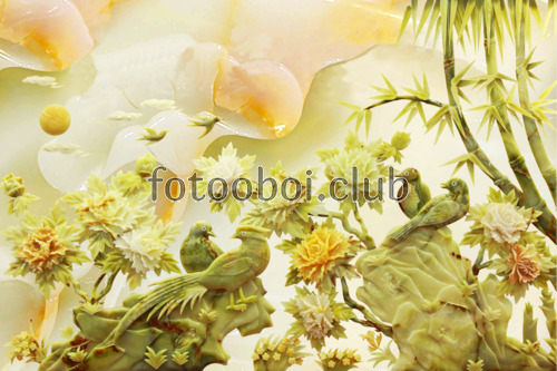 цветок, цветы, бамбук, деревья, мрамор, птицы, 3д, 3d